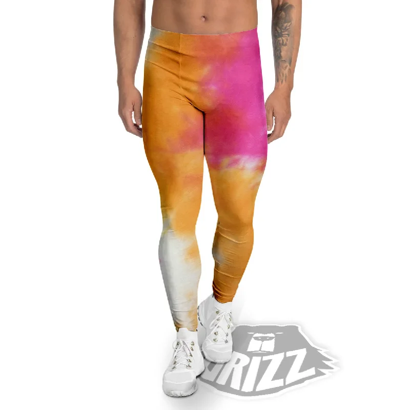 Tie Dye Yellow And Pink Print Men's Leggings