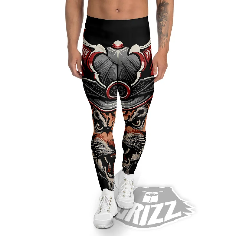 Tiger And Japanese Samurai Print Men's Leggings