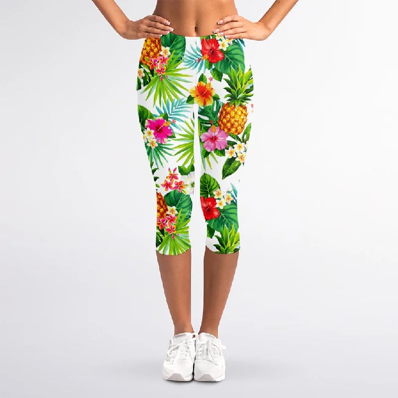 Tropical Aloha Pineapple Pattern Print Women's Capri Leggings