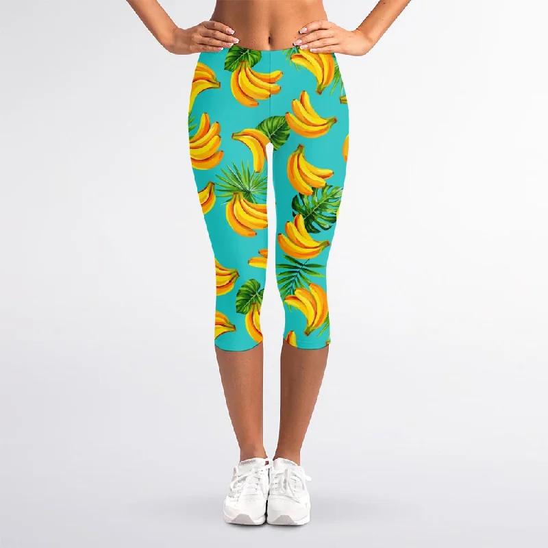 Tropical Banana Leaf Pattern Print Women's Capri Leggings