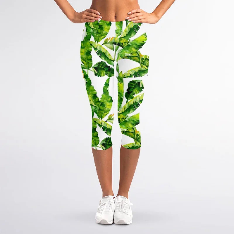 Tropical Banana Leaves Pattern Print Women's Capri Leggings