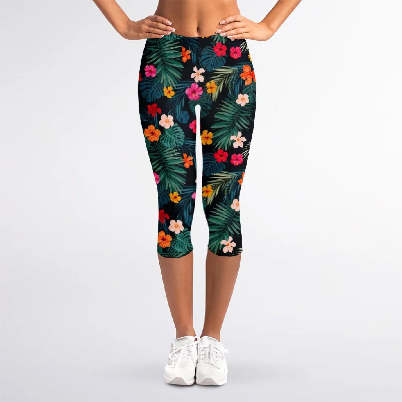 Tropical Flowers Hawaii Pattern Print Women's Capri Leggings