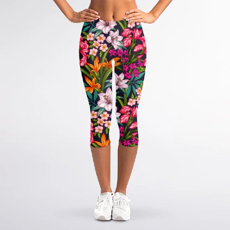 Tropical Flowers Pattern Print Women's Capri Leggings