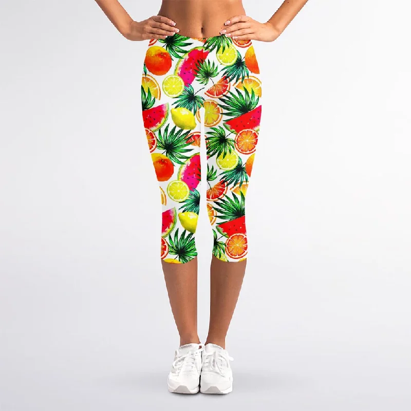 Tropical Fruit Leaf Pattern Print Women's Capri Leggings