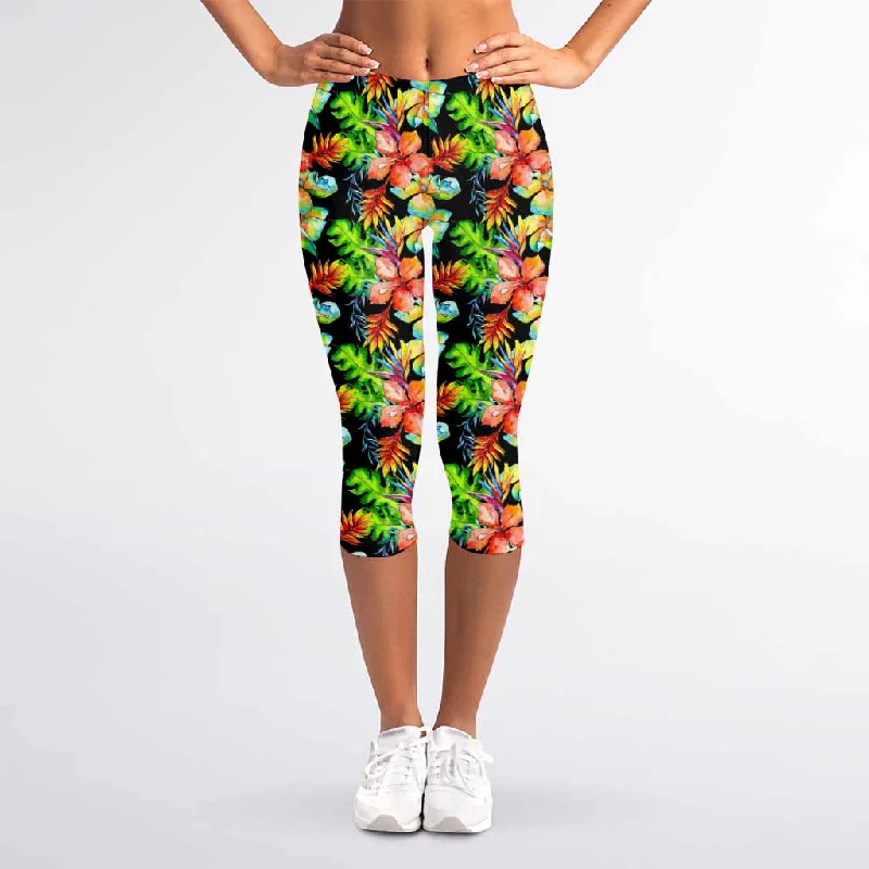 Tropical Hawaii Flowers Pattern Print Women's Capri Leggings