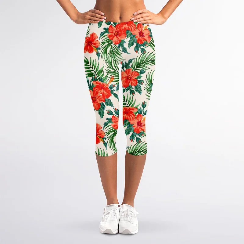 Tropical Hibiscus Blossom Pattern Print Women's Capri Leggings