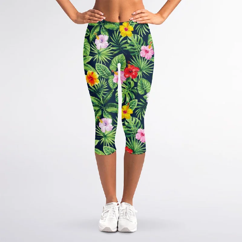 Tropical Hibiscus Flowers Pattern Print Women's Capri Leggings