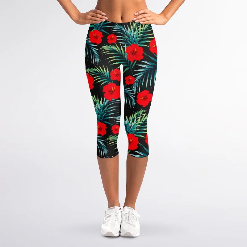 Tropical Hibiscus Leaves Pattern Print Women's Capri Leggings