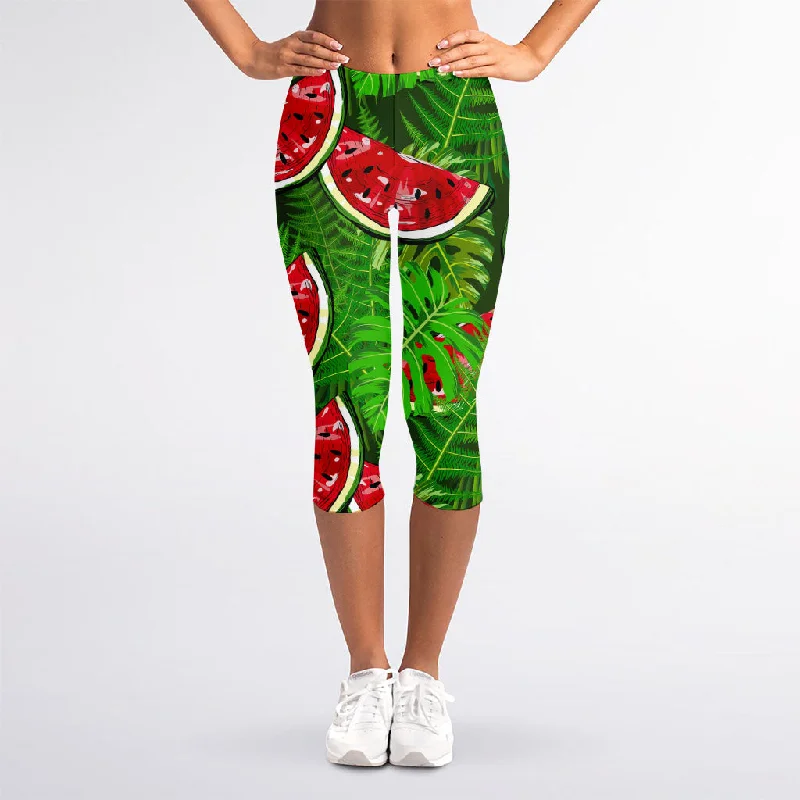 Tropical Leaf Watermelon Pattern Print Women's Capri Leggings