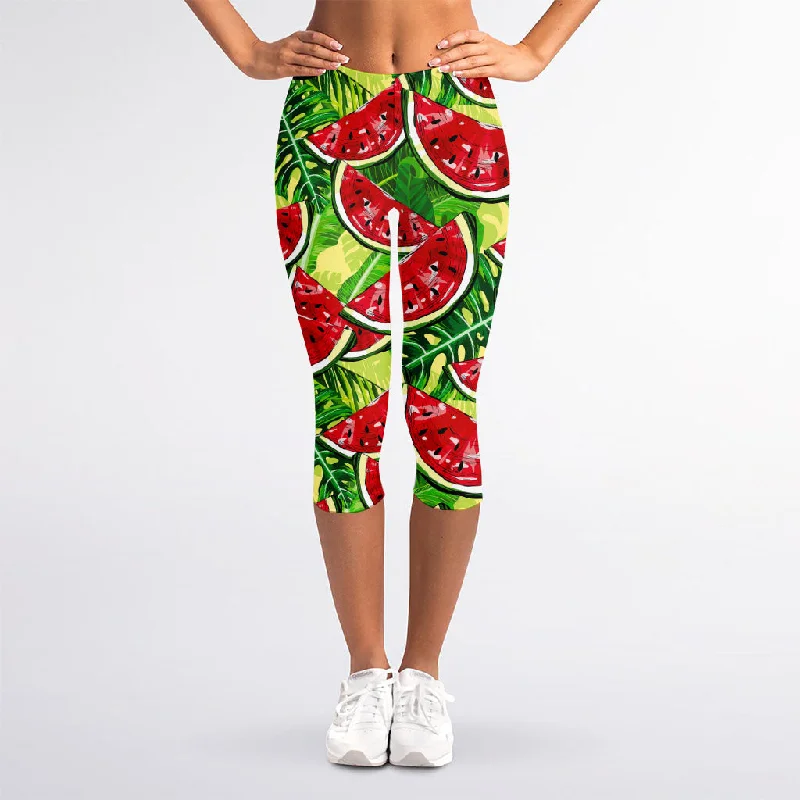 Tropical Leaves Watermelon Pattern Print Women's Capri Leggings