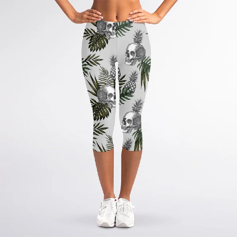 Tropical Pineapple Skull Pattern Print Women's Capri Leggings