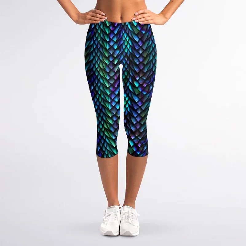 Turquoise Dragon Scales Pattern Print Women's Capri Leggings