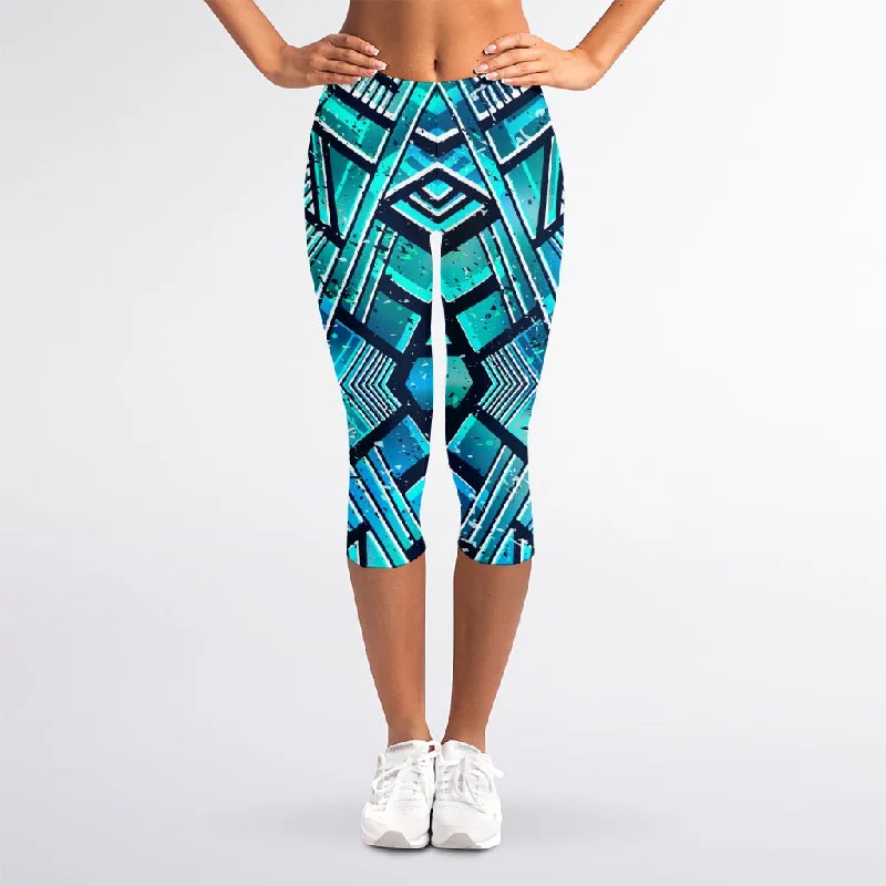 Turquoise Ethnic Aztec Trippy Print Women's Capri Leggings