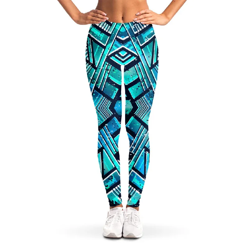 Turquoise Ethnic Aztec Trippy Print Women's Leggings