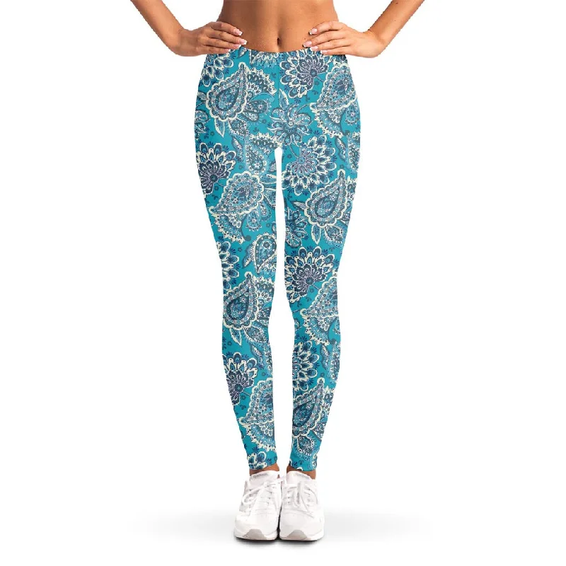 Turquoise Floral Bohemian Pattern Print Women's Leggings