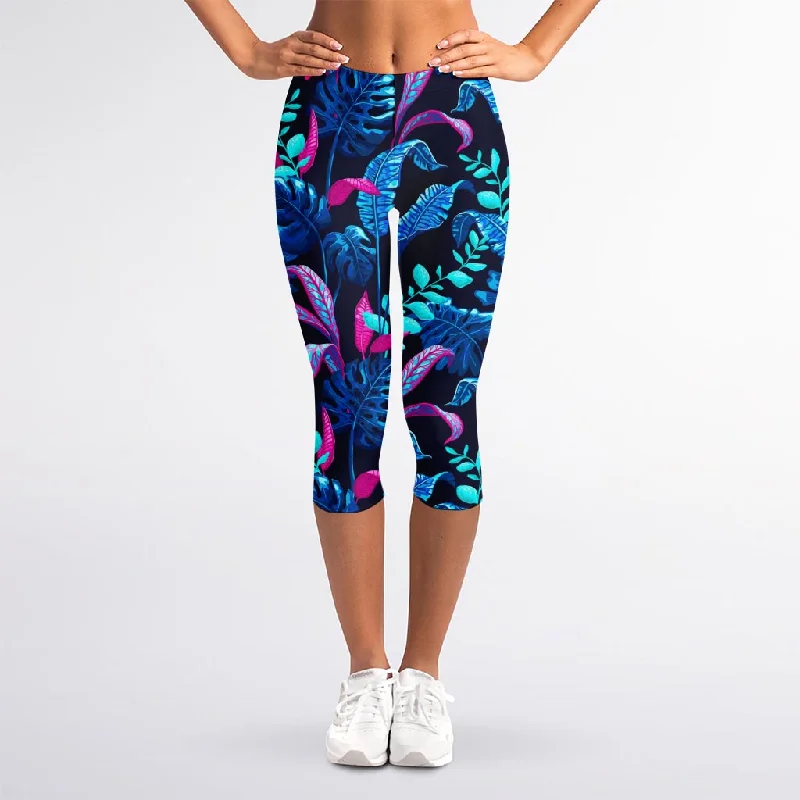 Turquoise Hawaii Tropical Pattern Print Women's Capri Leggings