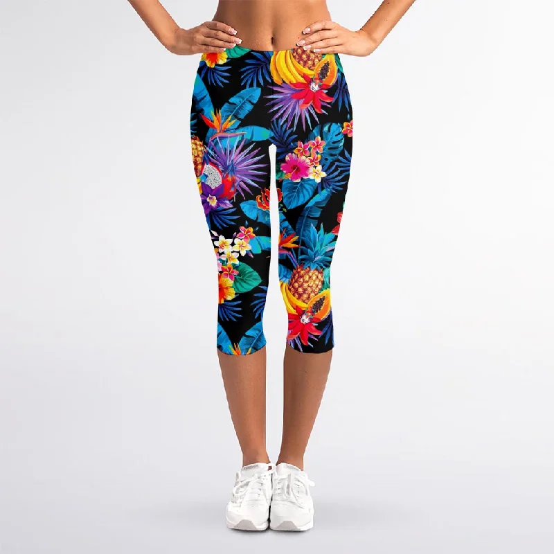 Turquoise Hawaiian Fruits Pattern Print Women's Capri Leggings