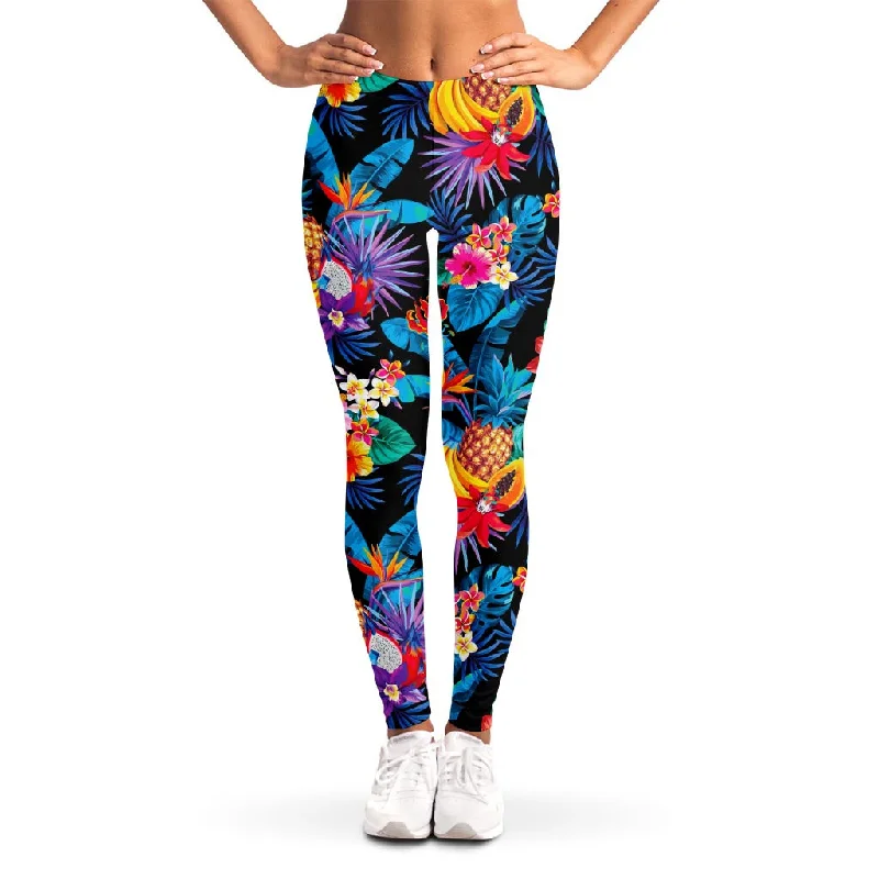 Turquoise Hawaiian Fruits Pattern Print Women's Leggings