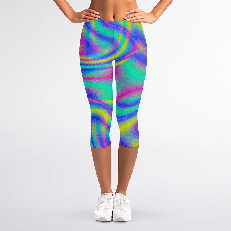 Turquoise Holographic Trippy Print Women's Capri Leggings