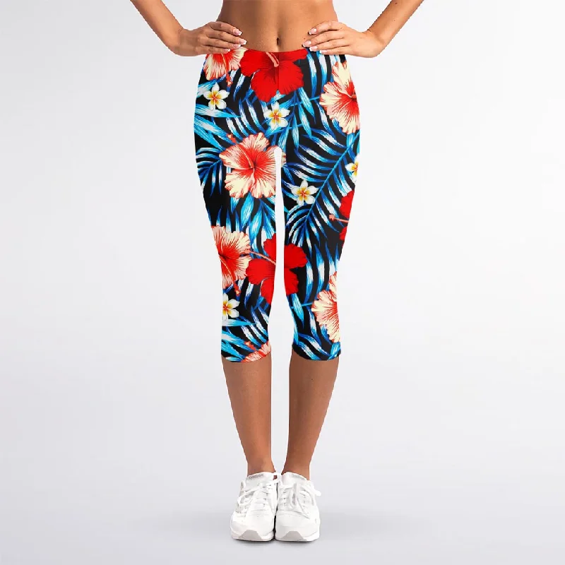 Turquoise Leaves Hibiscus Pattern Print Women's Capri Leggings