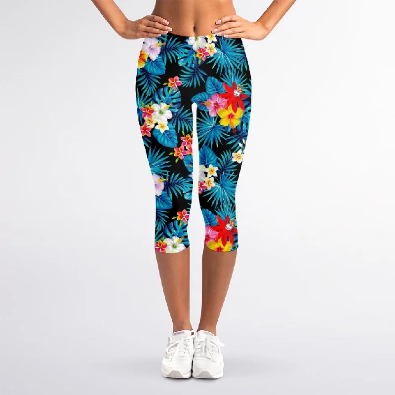 Turquoise Tropical Hawaii Pattern Print Women's Capri Leggings