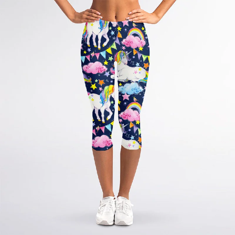 Unicorn Night Festival Pattern Print Women's Capri Leggings