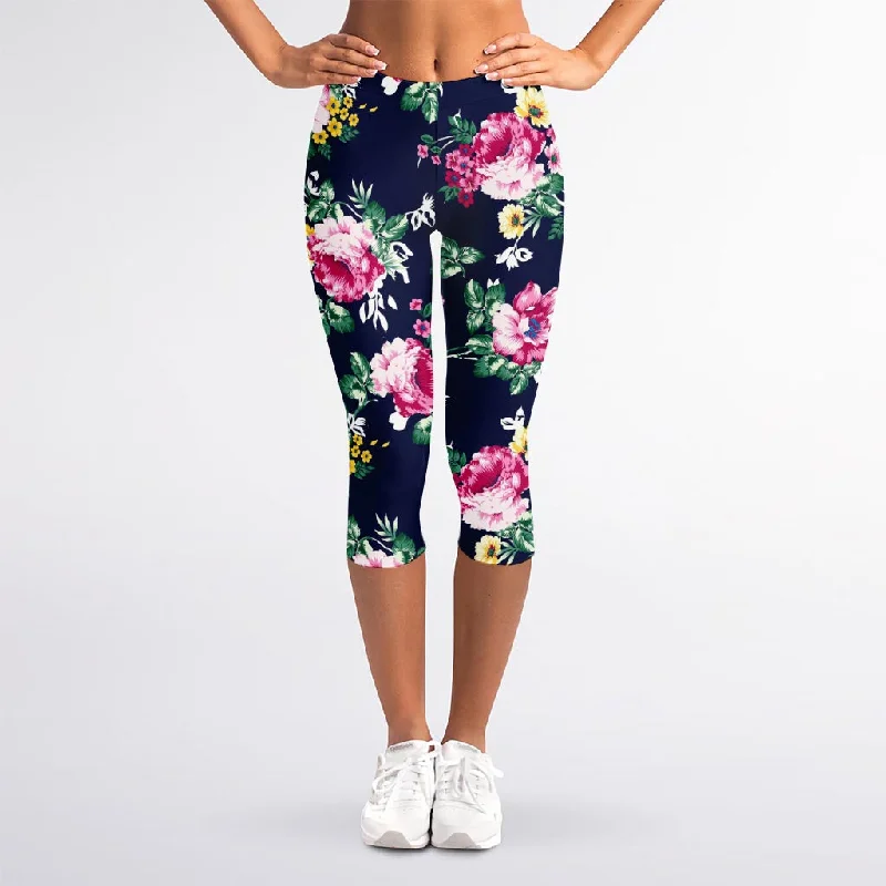 Vintage Blossom Floral Pattern Print Women's Capri Leggings