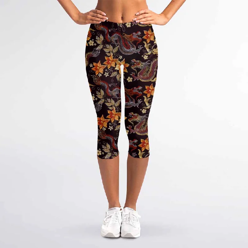 Vintage Dragon Flower Pattern Print Women's Capri Leggings