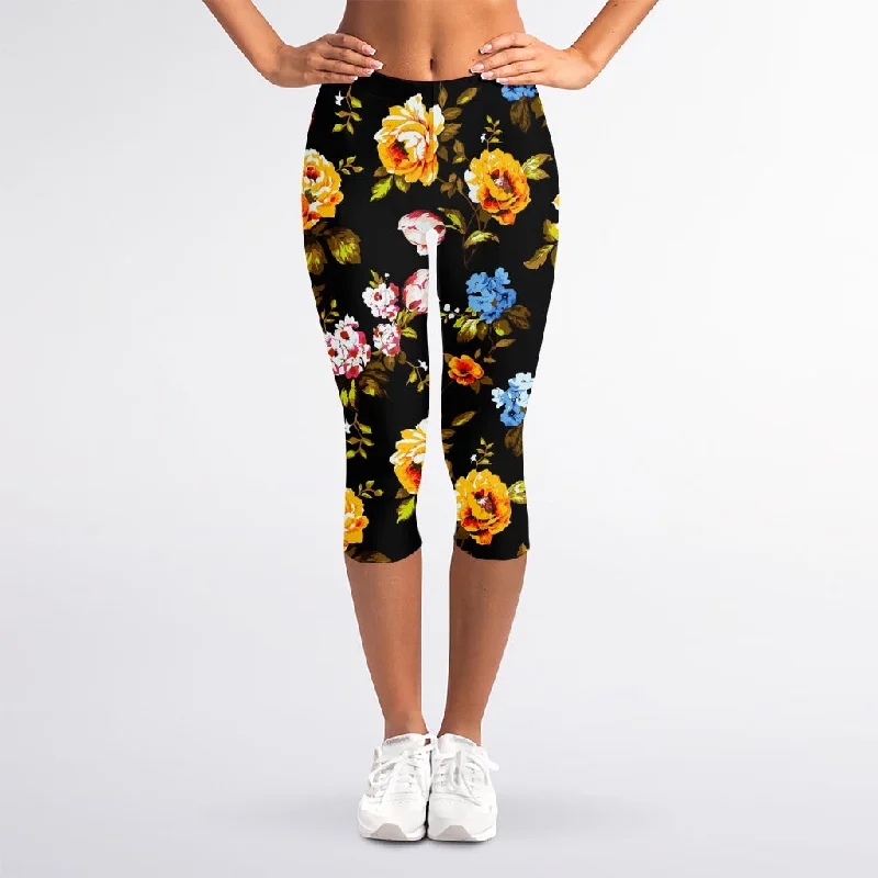 Vintage Floral Flower Pattern Print Women's Capri Leggings