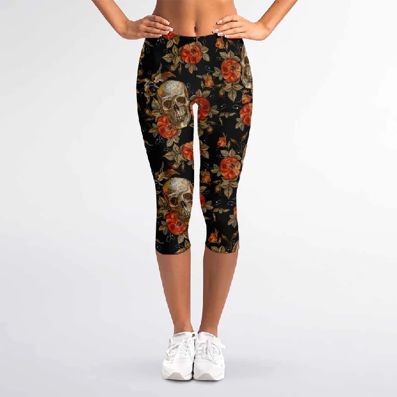 Vintage Floral Skull Pattern Print Women's Capri Leggings