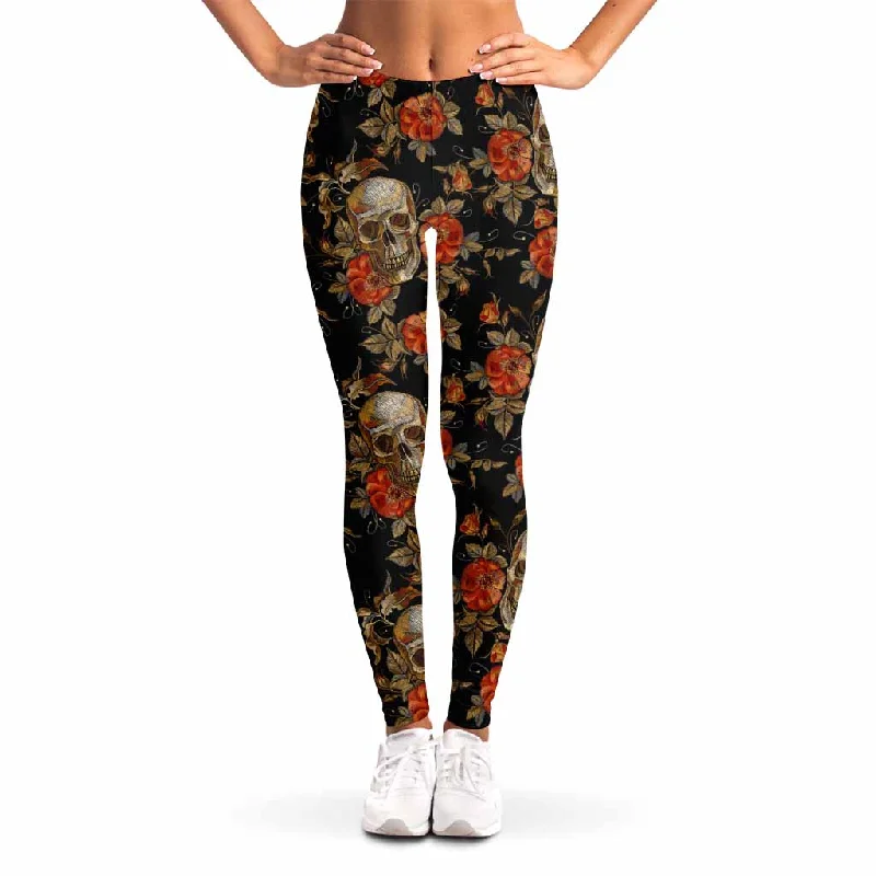 Vintage Floral Skull Pattern Print Women's Leggings