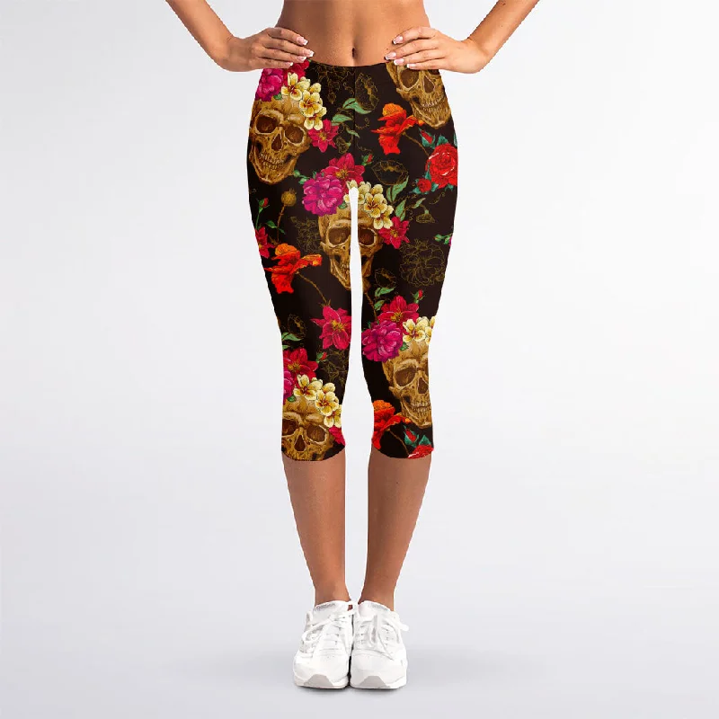 Vintage Flowers Skull Pattern Print Women's Capri Leggings