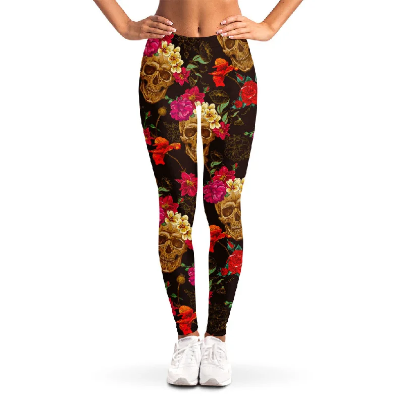 Vintage Flowers Skull Pattern Print Women's Leggings