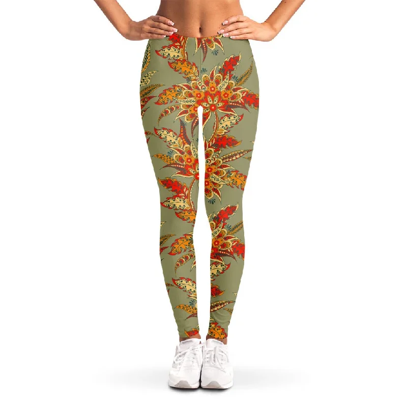 Vintage Orange Bohemian Floral Print Women's Leggings