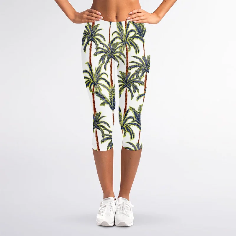 Vintage Palm Tree Beach Pattern Print Women's Capri Leggings