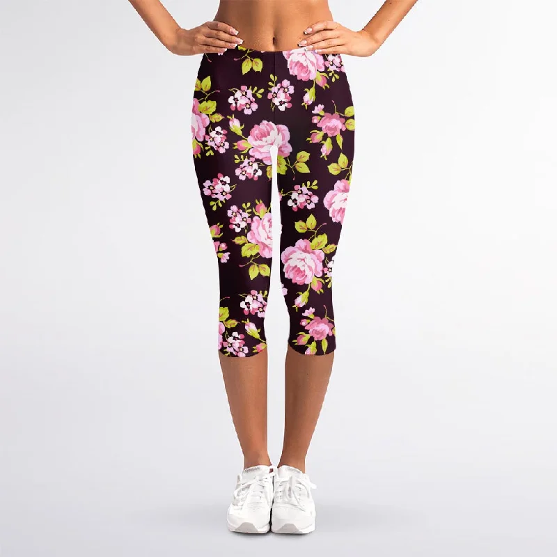 Vintage Pink Rose Floral Pattern Print Women's Capri Leggings