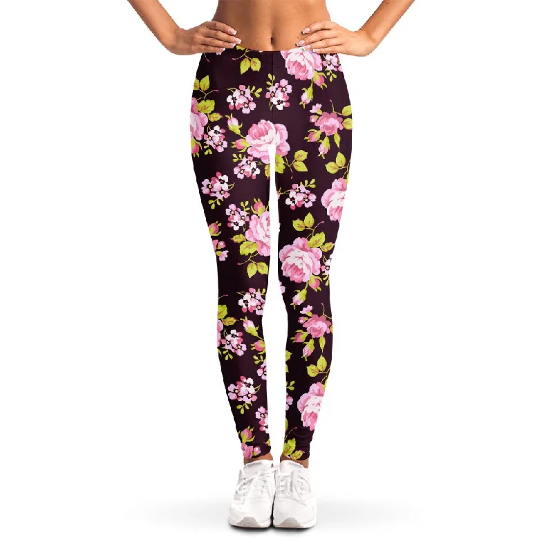 Vintage Pink Rose Floral Pattern Print Women's Leggings