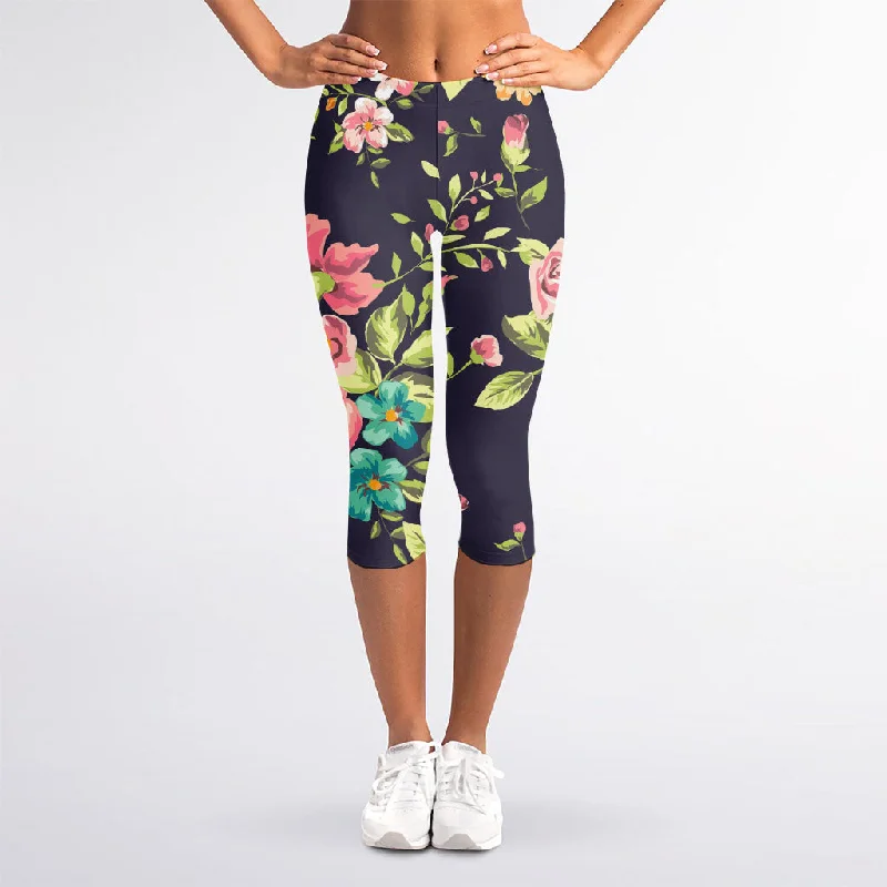 Vintage Rose Floral Flower Pattern Print Women's Capri Leggings