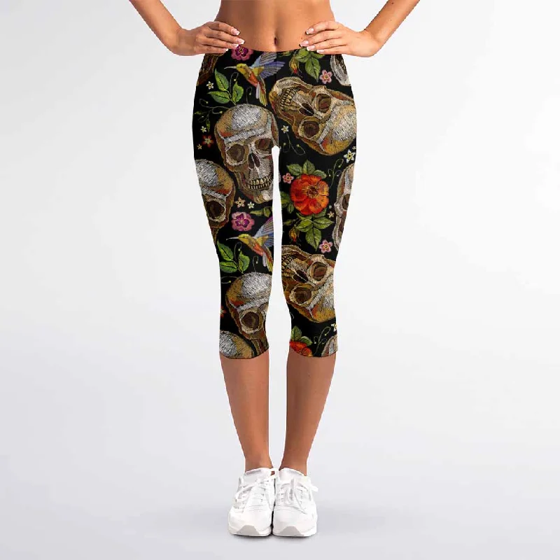 Vintage Skull Pattern Print Women's Capri Leggings