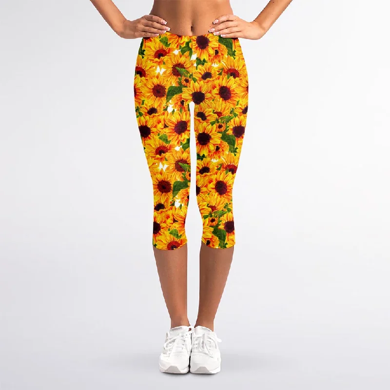 Watercolor Sunflower Pattern Print Women's Capri Leggings