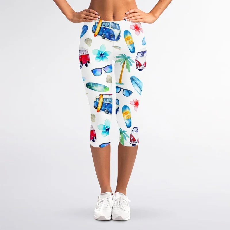 Watercolor Surfing Pattern Print Women's Capri Leggings