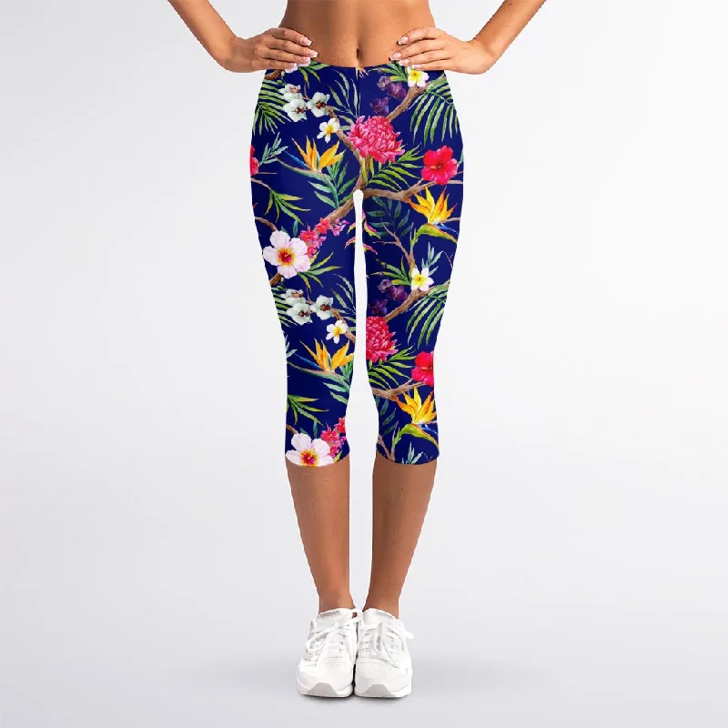 Watercolor Tropical Flower Pattern Print Women's Capri Leggings