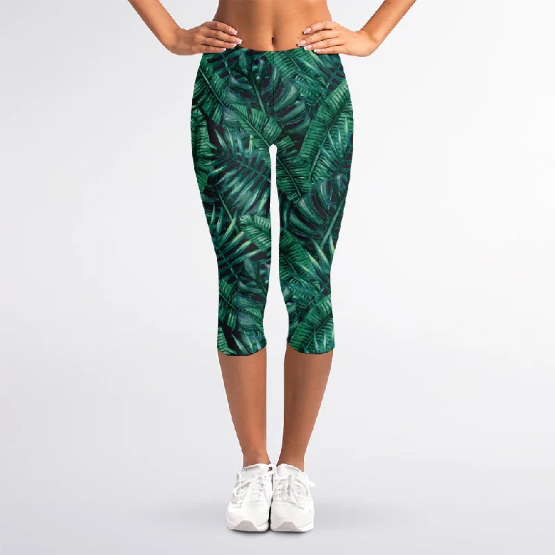 Watercolor Tropical Leaf Pattern Print Women's Capri Leggings