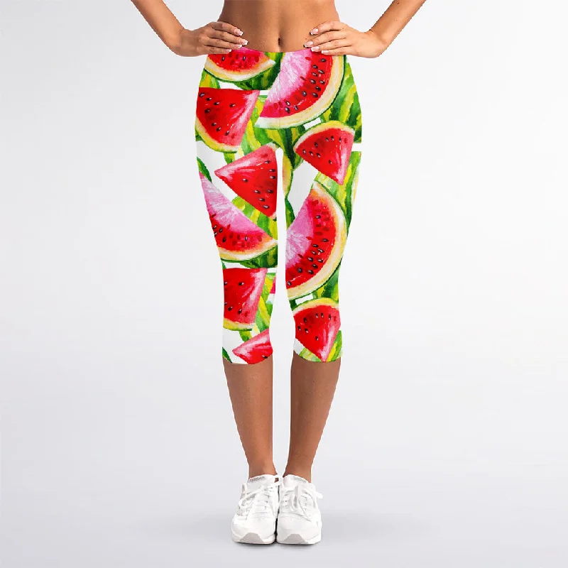 Watercolor Watermelon Pattern Print Women's Capri Leggings