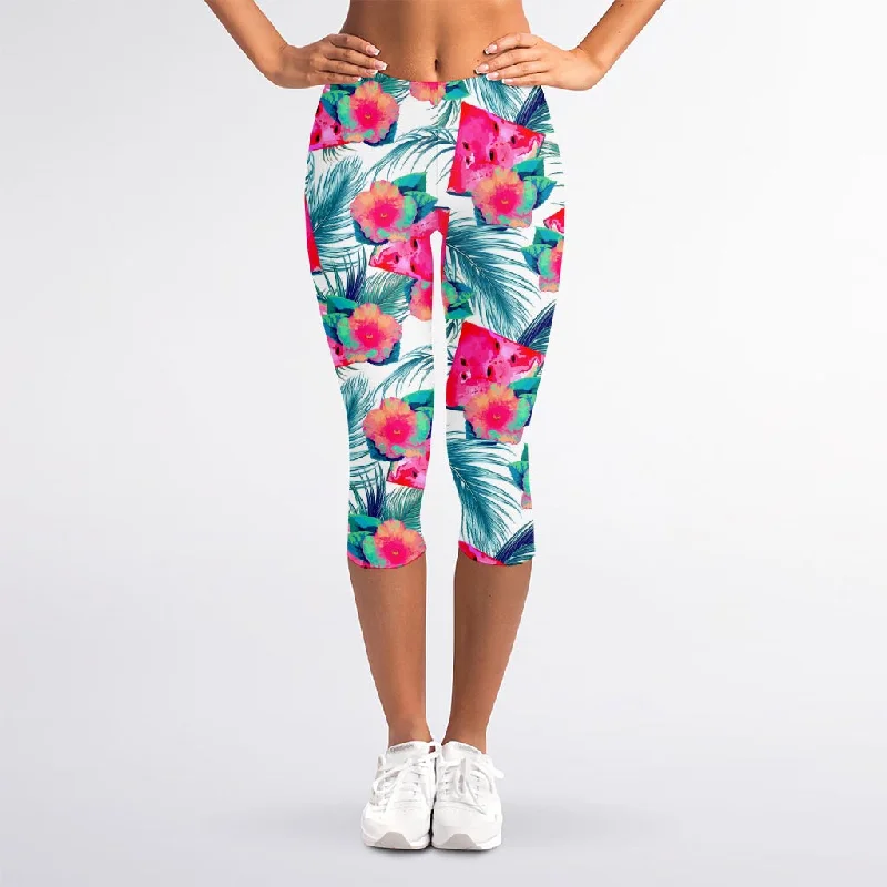 Watermelon Teal Hawaiian Pattern Print Women's Capri Leggings