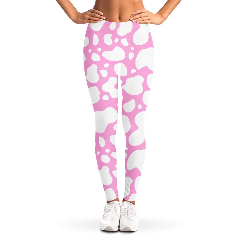 White And Pink Cow Print Women's Leggings