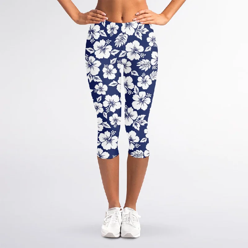 White Blue Hibiscus Floral Pattern Print Women's Capri Leggings