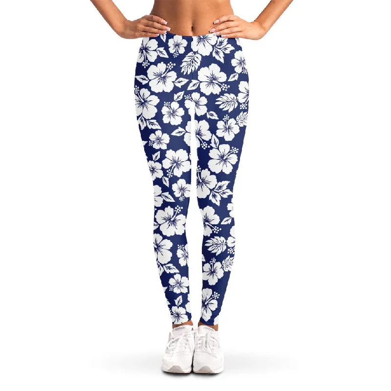 White Blue Hibiscus Floral Pattern Print Women's Leggings