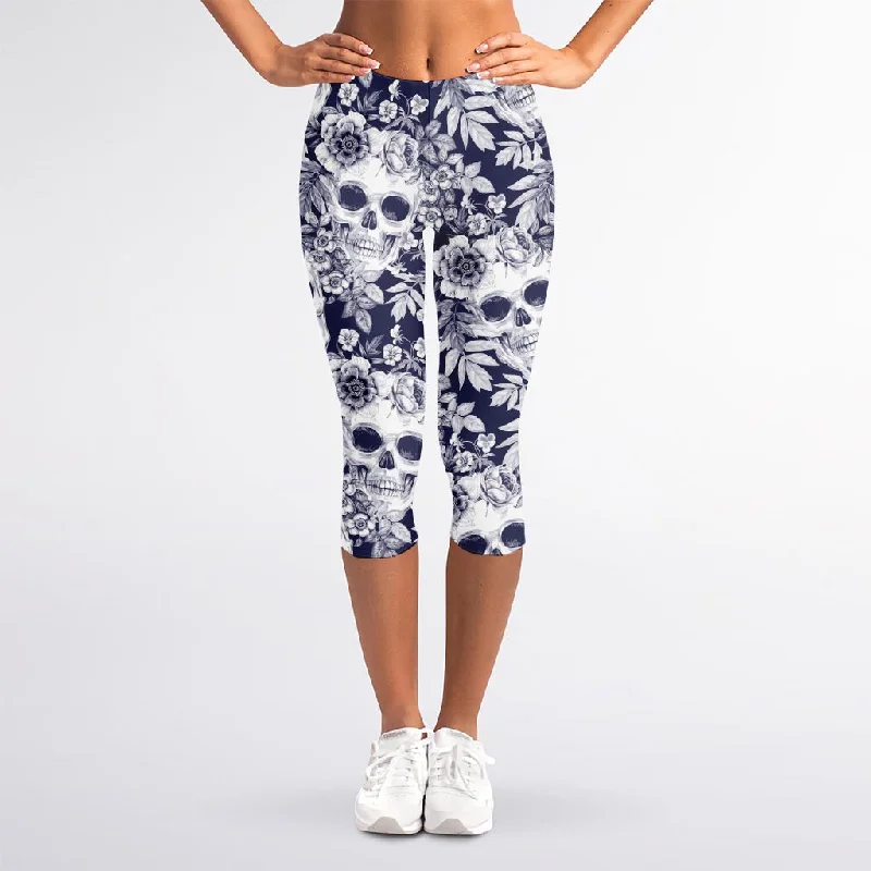 White Blue Skull Floral Pattern Print Women's Capri Leggings