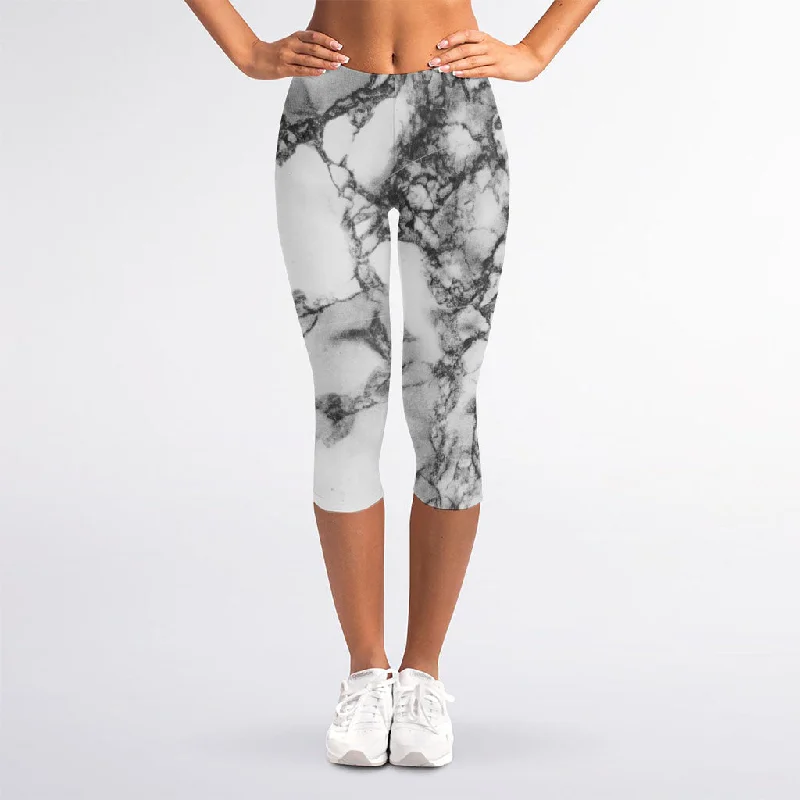 White Dark Grey Marble Print Women's Capri Leggings